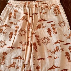 Linen drawstring Beige and Brown Patterned Pants